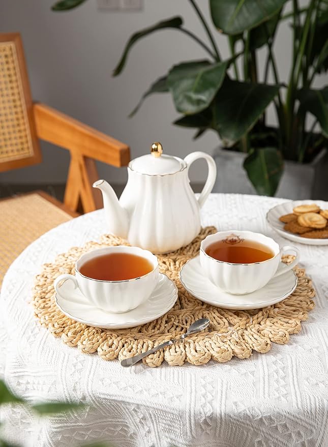 Royal Tea Cups and Saucers, with Gold Trim and Gift Box, British Coffee Cups, Tea Cup Set, Porcelain Tea Set, Cappuccino Cups, Latte Cups, Set of 6 (8 oz)- White
