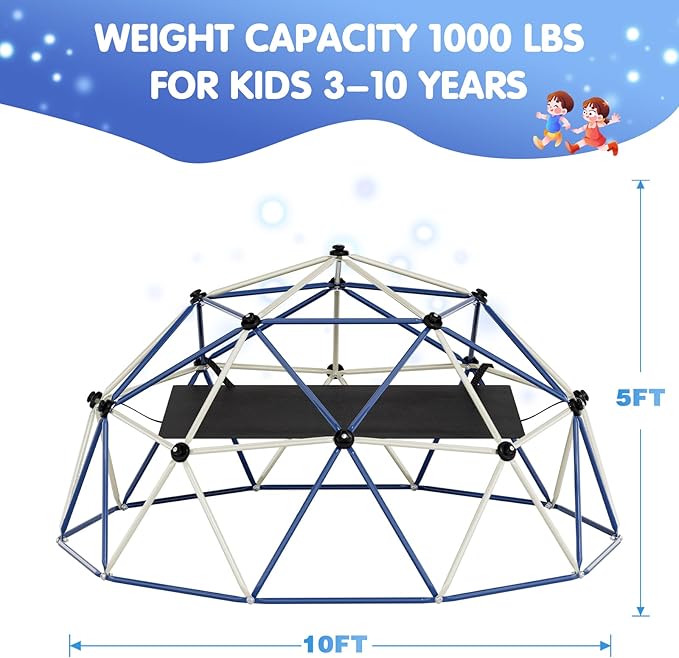 Climbing Dome,10FT Dome Climber with Hammock, Outdoor Jungle Gym for Kids, Supports Jungle Gym up to 1,000 lbs, Rust Resistant, Easy to Assemble, Gift for Kids, Blue+White
