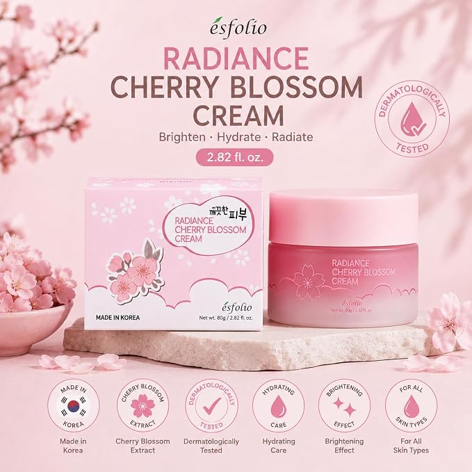 esfolio made in Korea Cherry Blossom Nourishing Cream 2.82 Oz, Daily Facial Moisturizer with Cherry Extract, Lightweight Face Cream for Soft and Comfortable Skin, Fast Absorbing Korean Skincare