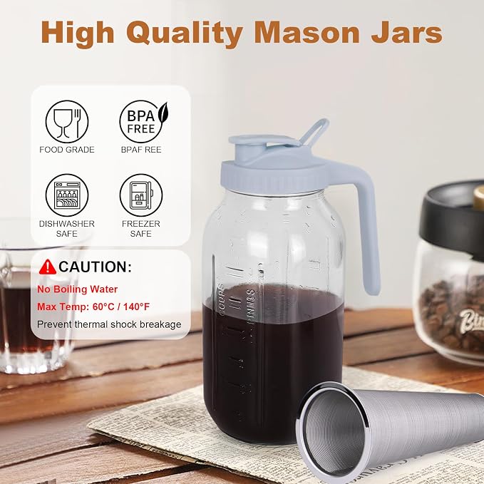 Cold Brew Coffee Maker,64 oz Mason Jar Pitcher with Stainless Steel Filter, Pour Spout Handle Lid, Heavy Duty Glass Airtight & Leak-Proof Pitcher for iced coffee Tea Lemonade-Gray
