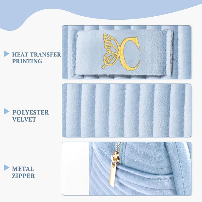 COSHAYSOO Personalized Birthday Retirement Gifts for Women Unique Travel Makeup Bag Quilted Make Up Cosmetic Pouch Woman Friend Gift Blue Velvet Beauty Accessories Organizer Initial Letter C