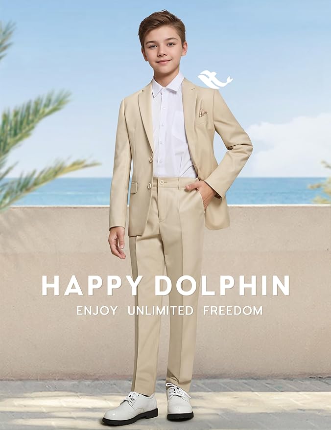 Happy Dolphin Boys Suit Set Modern Fit Kids Suits Adjustable Waist Boys Wedding Outfit for Boy Communion Suits for Boys