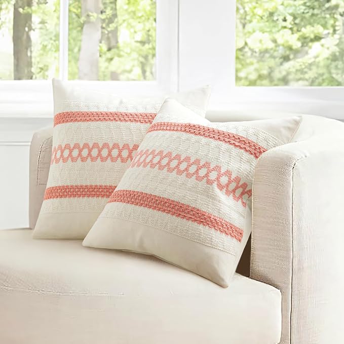 MIULEE Set of 2 Coral Red Boho Decorative Pillow Covers 18x18 Inch | Farmhouse Couch Throw Pillows Modern Spring Cotton Cushion CoversMacrame Woven Home Decor for Bed Sofa Chair