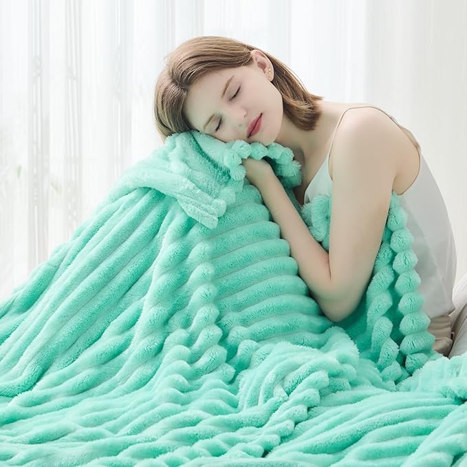 NEWCOSPLAY Super Soft Throw Blanket Aqua Premium Silky Flannel Fleece 3D Ribbed Jacquard Lightweight Bed Blanket All Season Use (Aqua Ribbed, Throw(50"x60"))