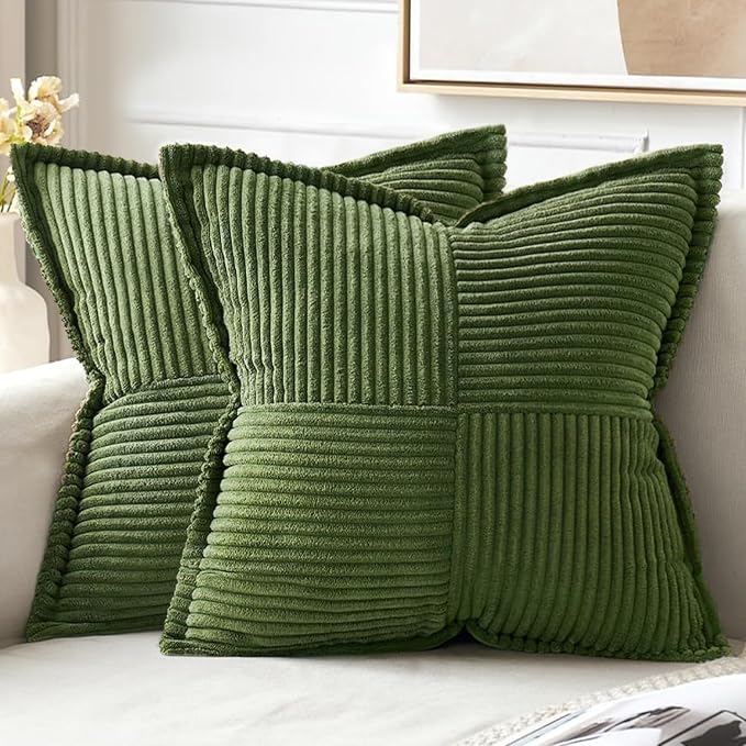 MIULEE Decorative Throw Pillow Covers for Couch 18x18 Inch Moss Green | 2 Pack, Boho Broadside Striped Patchwork Pillow Covers, Soft Corduroy Cushion Cases, For Sofa Bed Livingroom Home Decor