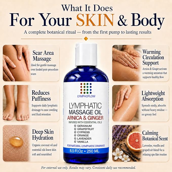 Lymphatic Drainage Massage Oil for Massage Therapy- Warming Arnica & Ginger | Surgeon-Developed Formula | Post Surgery Recovery, BBL, Liposuction, 360 Lipo, Tummy Tuck, Fibrosis | Made in USA | 8.5 Oz