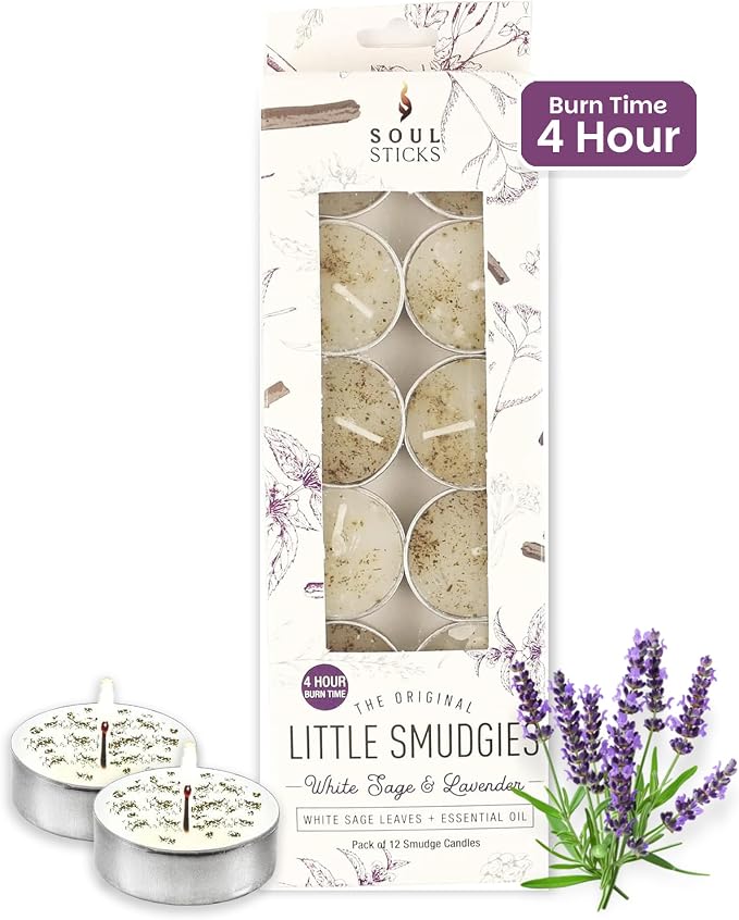 SOUL STICKS 12 Pack Little Smudgies Tealight Candles Smudge Candle for Cleansing House, Meditation, Chakra Healing | Made with Crystals and Herbs (White Sage & Lavender)