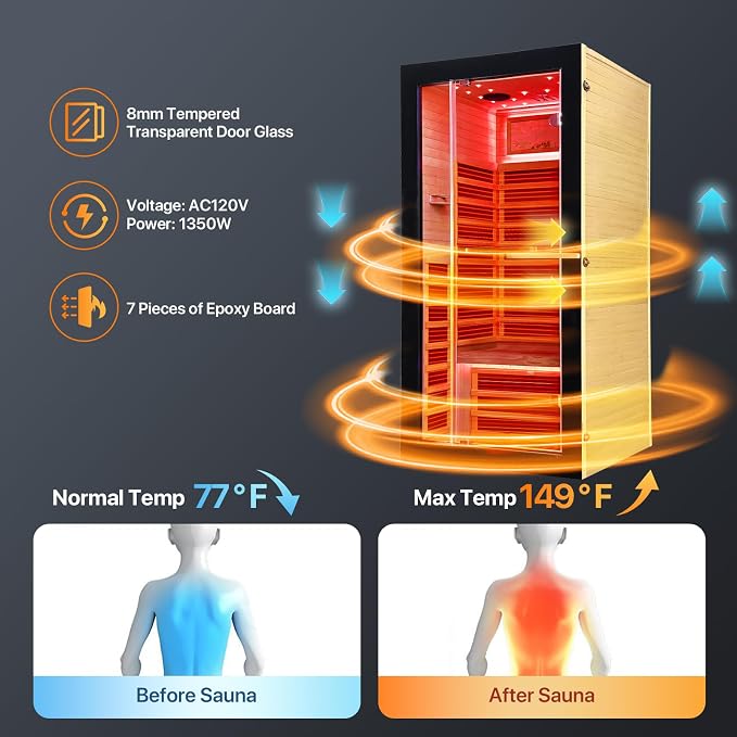 OUTEXER One Person Sauna Far Infrared Saunas Room Obeche Wood 1350W Dry Saunas Spa with 7 Starry Sky Light 35.4 * 35.4 * 70.8inch