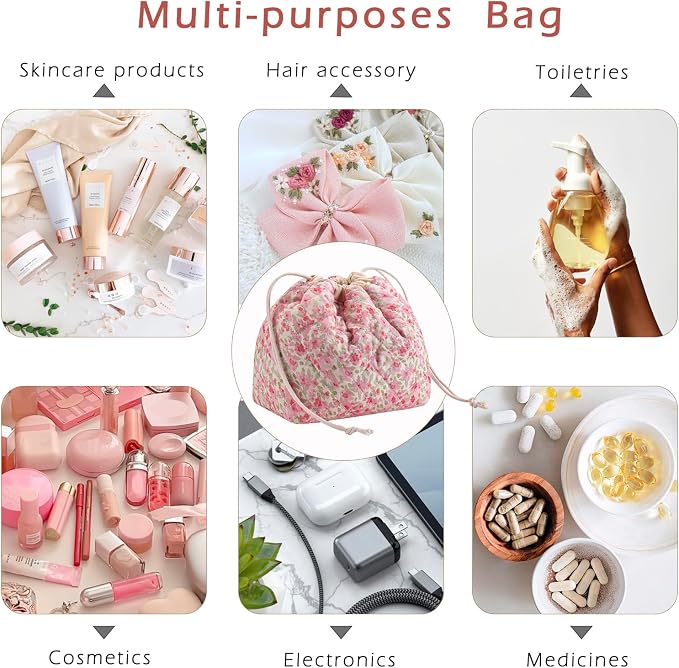 Cotton Quilted Drawstring Makeup Bag with Canvas Lining,Coquette Aesthetic Cute Travel Toiletry Bag,Drawstring Gift Bag for Women and Girls（18 Watercolor Pink Flower）