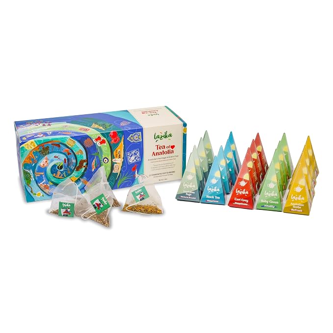Lazika Tea Sampler with Premium Presentation Box, 20 Counts, 4 of Each Blend Individually Wrapped, Black, Green and Herbal Tea Variety Gift Set, Collection with Pyramid Infuser Bag