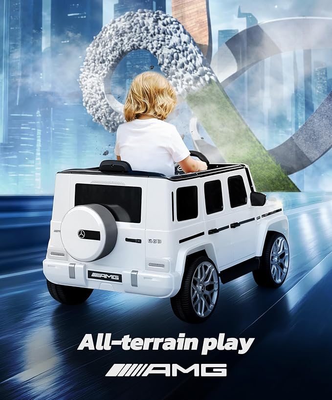 ELEMARA Licensed Mercedes-Benz AMG G63 Ride on Toys,Electric Car for Kids W/Parents Control,Electric Powered A Wagon Ride On Truck Toy,Spring Suspension,Bluetooth,Flickering Lights/LED Lights, White