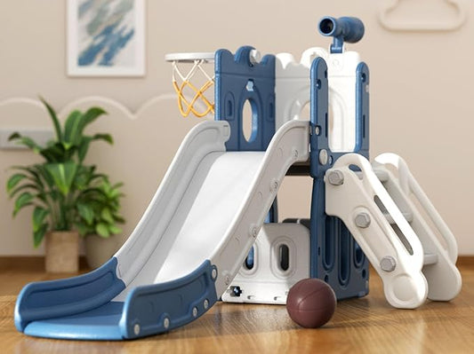 Glaf 7 in 1 Toddler Slide Indoor Outdoor Playset Kids Slide for Toddlers Age 1-3 Baby Slide with Basketball Hoop and Ball Storage Space and Telescope Freestanding Climber Slides Toys (Blue)