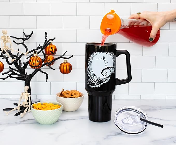 Silver Buffalo Disney Nightmare Before Christmas by Tim Burton Jack Skellington Hill & Moon Drawing Double Walled Stainless Steel Tumbler with Handle and Straw, Fits in Standard Cup Holder, 40 Ounces