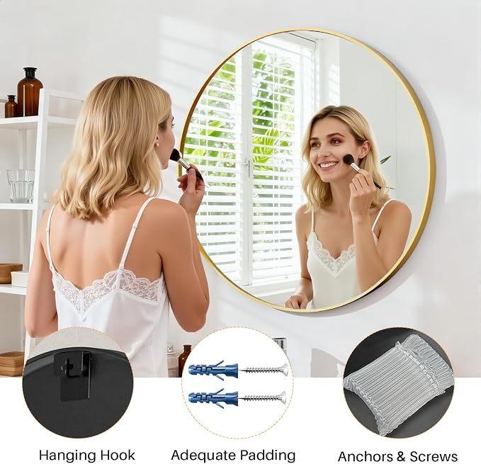 30 Inch Round Bathroom Mirror for Wall, Matte Gold Metal Framed | Circle Vanity Mirror for Bathroom Bedroom Living Room Entryway, Anti-Rust, Tempered Glass, Hanging or Leaning