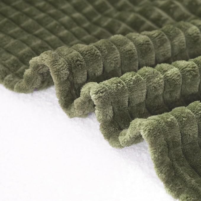 Puncuntex Fleece Throw Blanket Olive Green 90"×90" with Square Grid Design | Super Soft Plush Cozy Flannel Throw Blanket Luxury for Couch Sofa Chair