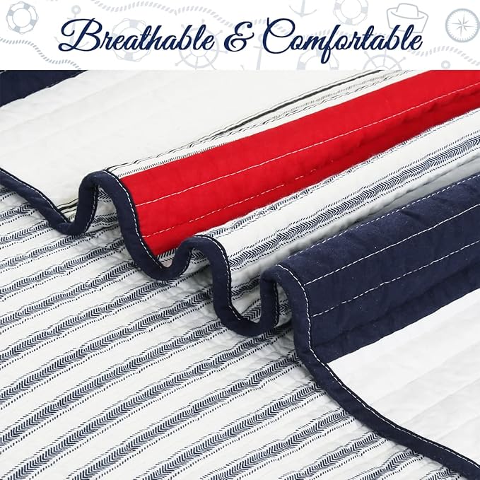 Cozy Line Home Fashions 100% Cotton Sailor Navy Blue Star Striped Print Cotton Reversible Bedding Quilt Set (Patriotic Patchwork, Queen)