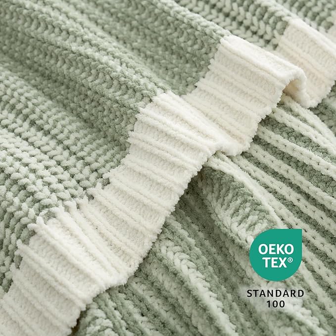 Amélie Home Premium Chenille Throw Blanket, Soft Cozy Luxury Two-Tone Knit Blanket for Couch, Sofa, Chair, Home Decor, Sage Green & Ivory 50"x60"