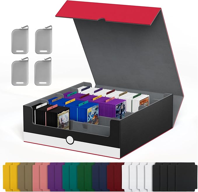 UAONO Trading Card Storage Box, Holds 2400 Sleeved Cards with 24 Dividers & 4 Stoppers, Magnetic Closure PU Leather Card Case for MTG, PTCG, YGO, Sports Cards (Red&White)