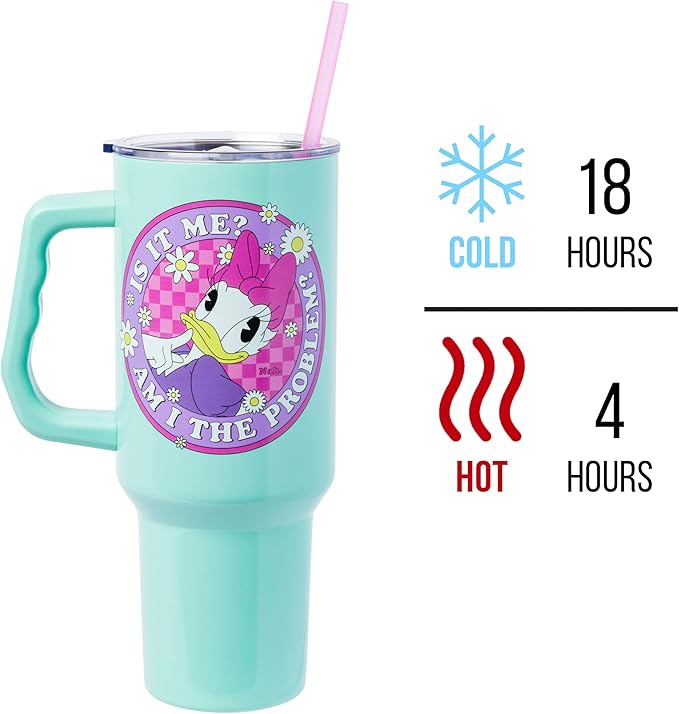 Silver Buffalo Disney Daisy Duck “Is It Me? Am I the Problem?” Stainless Steel Tumbler with Handle, Fits in Standard Cup Holder, 40 Ounces