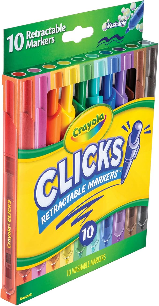 Crayola Clicks Retractable Tip Markers (10ct), Stocking Stuffers for Kids & Toddlers, Cone Tip Washable Art Marker Set, Coloring Book Supplies, No Dry, 3+ (Pack of 2)