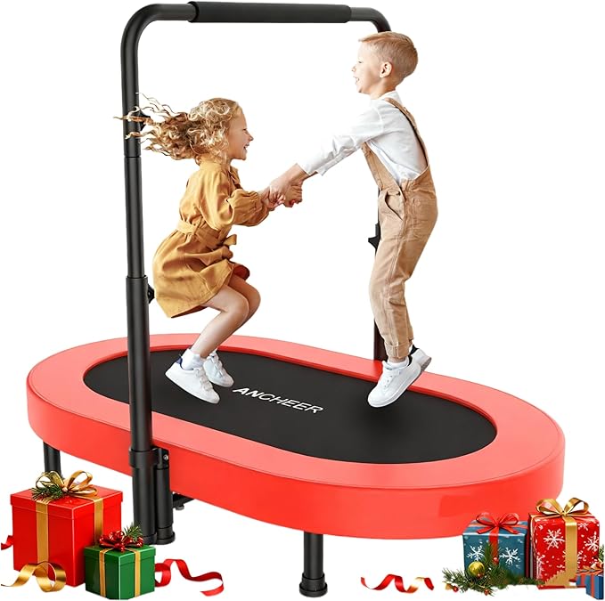 ANCHEER 56" Double Mini Trampoline for Kids, Mini Rebounder with 5-Level Adjustable Handle, Parent-Child Trampoline for Kids, Max Load 220lbs, Fun for Indoor/Outdoor
