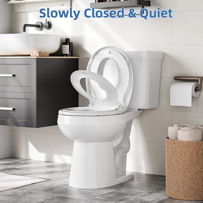 Round Toilet Seat, Toilet Lid Slow Close Quiet No Thud, Magnets Down Lock Quick Release Full Flat Potty Training Toilet Seat with Child Toddler Seat White, 17" Bunk Cover