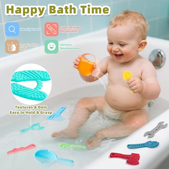 Tools Baby Bath Toys for Kids Ages 1-3 10PCS Toddler Bath Toys Mold Free Baby Gift for 6-12-18 Months Soft-Textured Sensory Teething Toys with Watering Can & Spoon in Bathtub Pool Watertable