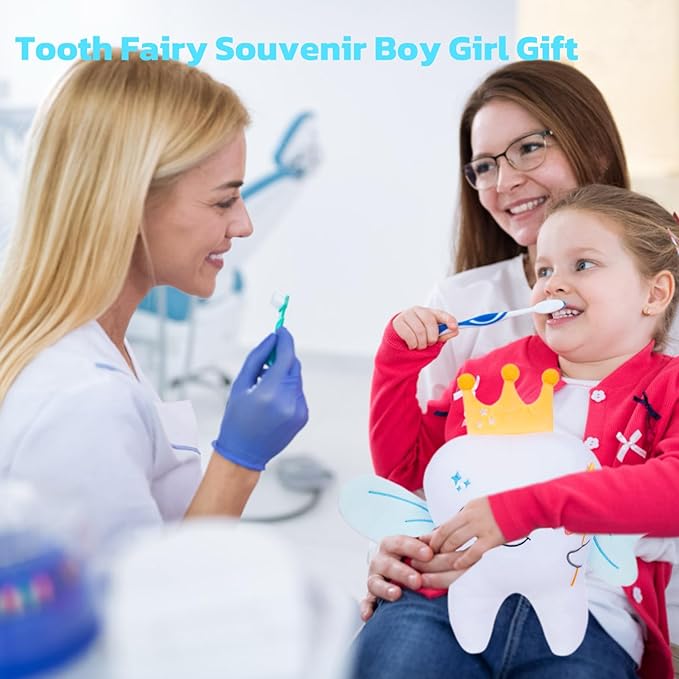 Tooth Fairy Plush Holder Gift – 12 Inch Tooth Pillow Crown Blue Wings Star Wand Kids' Tooth Fairy Gift for Boys Girls with Pocket