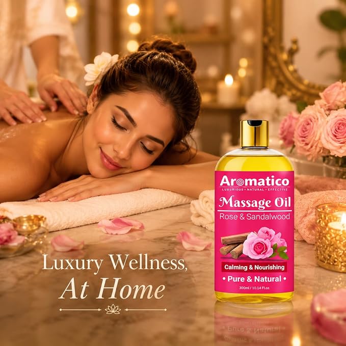 Aromatico Rose & Sandalwood Massage Oil for for Men & Women-10.1 fl oz | Lightweight Non-Greasy Body Oil for Massage & Daily Body Care, Fast-Absorbing Moisturizing Oil with Warm Floral Aroma