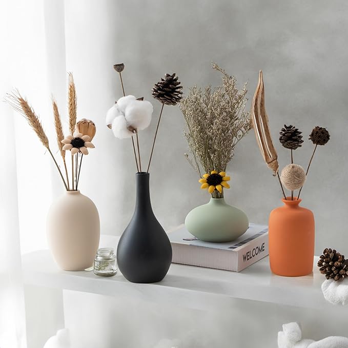 Vase Set of 4 with Dried Flower for Shelf Home Decor Matte Ceramic | For Modern Minimalist Bohemian, Pampas Grass, Home, Office, Shelf, Living Room, Bedroom,Entryway,Farmhouse Decor