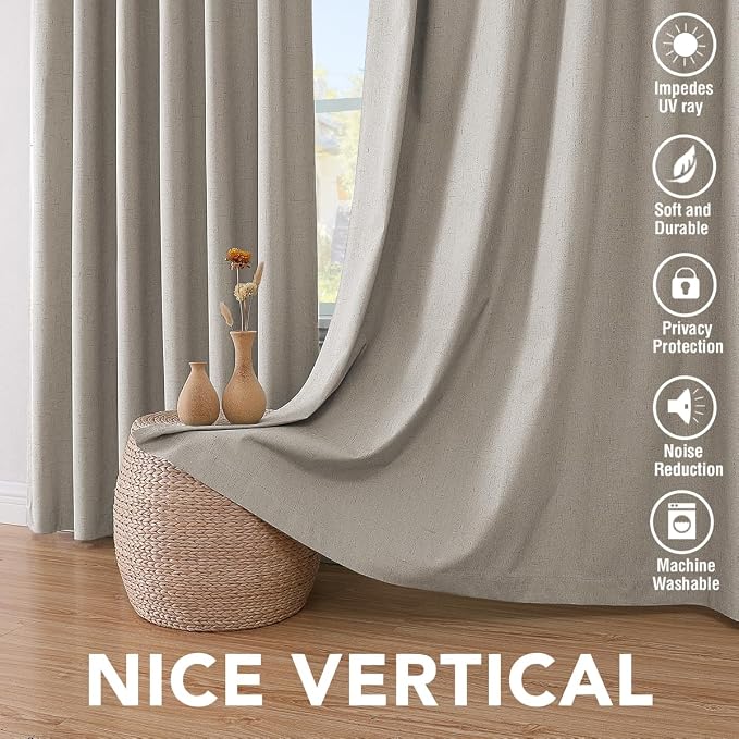 H.VERSAILTEX Blackout Drapes Linen Blackout Curtains 84 inch Length 2 Panels Set, 100% Blackout Thermal Insulated Textured Curtain Anti-Rust Grommet Curtains with White Liner, Stone