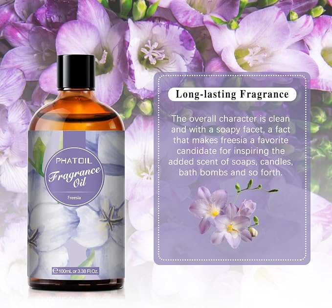 PHATOIL 3.38FL.OZ Freesia Fragrance Oils for Aromatherapy, Essential Oils for Diffusers for Home, Perfect for Diffuser, DIY Candle and Soap Making, DIY Scented Products - 100ml