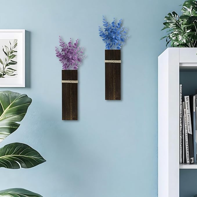 Wall Planters for Indoor Plants Set of 2, Rustic Boho Wood Wall Vases for Dried Flowers & Artificial Plants, Modern Farmhouse Home Decor for Living Room Bedroom Kitchen Dining Room - Dark Brown