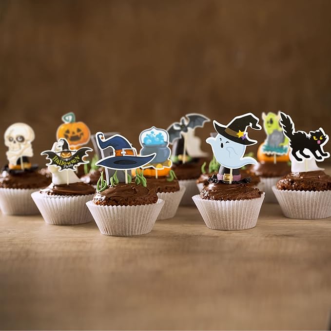 Gyufise 36Pcs Halloween Cupcake Toppers Halloween Pumpkin Cat Bat Ghost Cake Decorations for Theme Babyshower Kids Birthday Party Supplies
