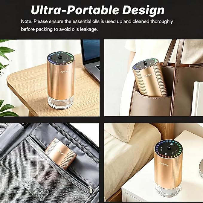 UrrSovv Waterless Car Essential Oil Diffuser Battery Operated (Gold) | Waterless Aluminum Alloy 4000mAh Long Lasting Battery Operated Essential Oil Diffuser for Car Home Office
