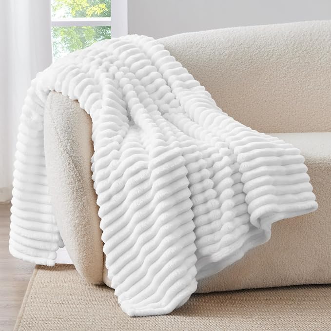 BEDELITE Ribbed Twin Blanket for Couch & Bed, Bright White, 60"x80" | Ultra-Soft Plush Fleece, Cozy, Warm Yet Lightweight, Ribbed Texture, Home Decor, Machine Washable, Giftable, All-Season Use