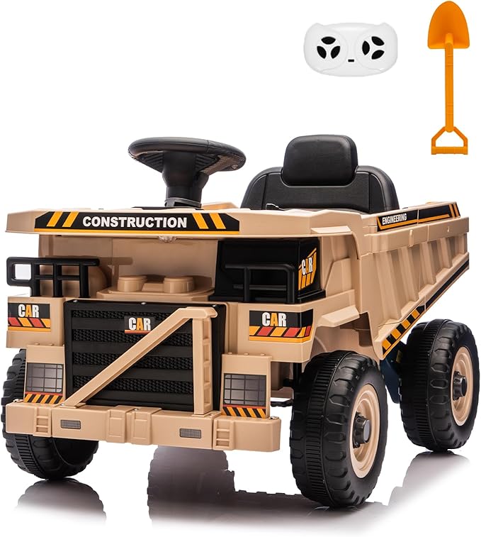 POSTACK 12V Ride On Construction Truck,Battery Powered Ride On Car with Remote Control, Kids Electric Vehicle with Shovel, Bluetooth, Music, Speaker, Boys Girls Gift, Khaki