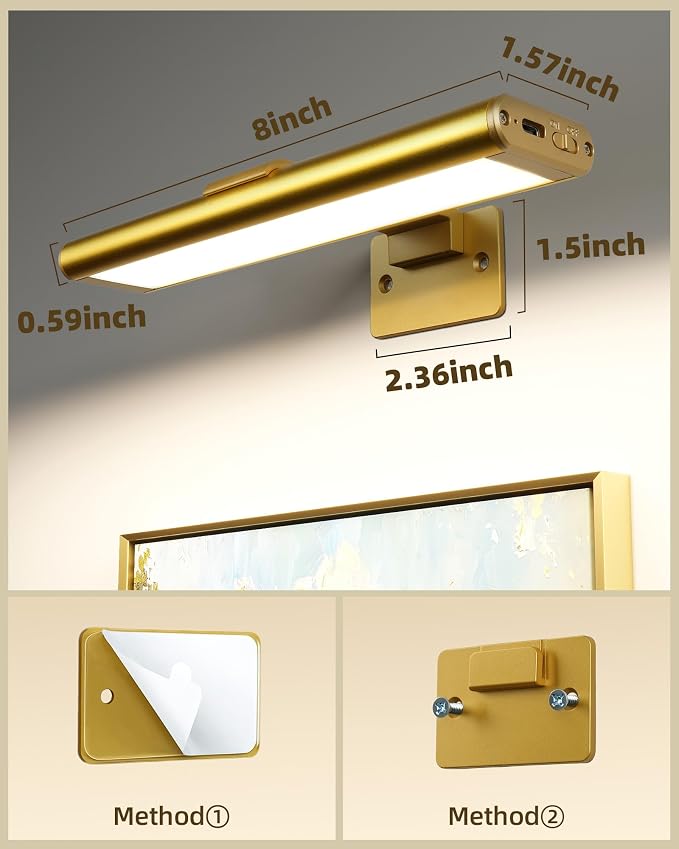 EZVALO Picture Light for Wall, Rechargeable 2400mAh Gold Lights Wireless with IR Remote, 3 Color & Dimmable Magnetic 7.87'' LED Lights Display for Painting, Living Room, Gallery, Bedroom Art (2P)
