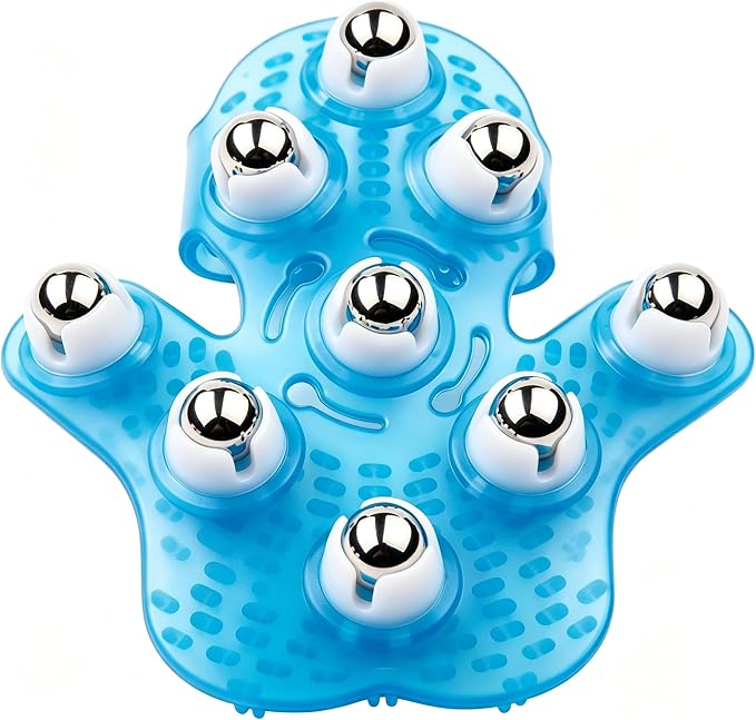 Handheld Massage Ball for Muscle Back Neck Joint Foot Shoulder Leg Pain Relief - Palm Shaped Massage Tool with Roller Balls, Portable Design, Blue