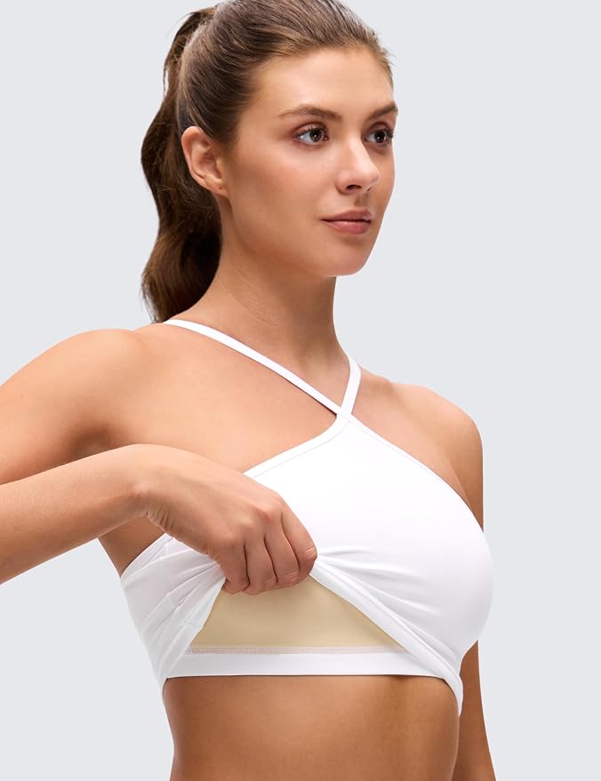 CRZ YOGA Butterluxe Cross Neck Crop Tank Tops for Women - Spaghetti Straps Square Back Padded Yoga Sports Bras