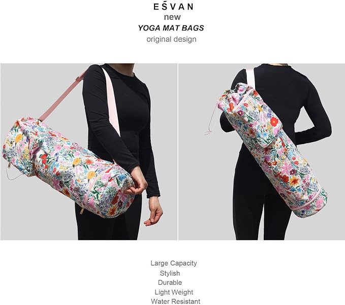 ESVAN Yoga Mat Bag with Multi Pockets Drawstring Yoga Mat Carrier Pilates Exercise Multi-Functional Storage Bag