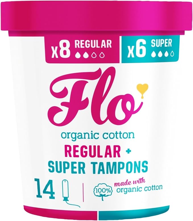 Flo - Organic Cotton Tampons for Women - 14 Pack (8 Regular, 6 Super) - Leak Proof - No Synthetic Fibers, Chlorine Bleach, or Added Dyes - Bio-Plastic Applicator - Feminine Care - Vegan & Cruelty Free