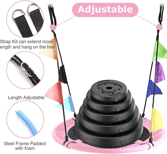 40 Inch Saucer Tree Swing for Kids, Outdoor Round Swing with Hanging Straps & Adjustable Ropes, Easy Assembly