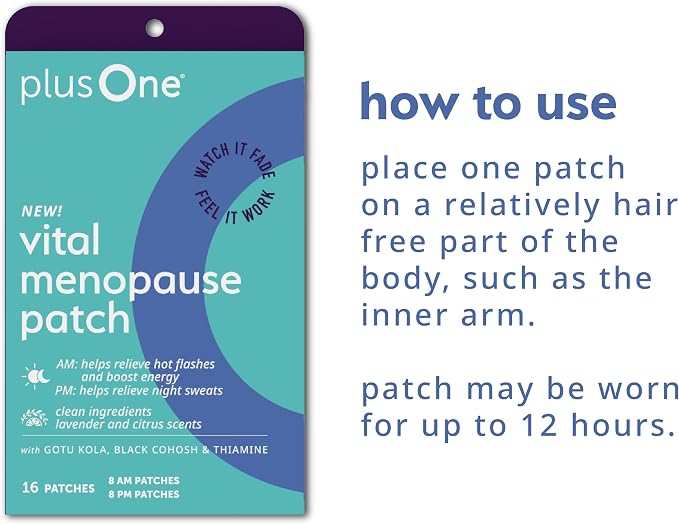plusOne Vital Menopause Patches AM & PM, Hot Flash Night Sweat Support 16ct | Herbal Arjuna Daily Patches, Promotes Energy & Sleep