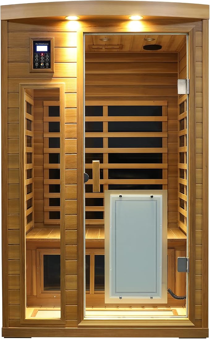 2 Person Ultra Low EMF Infrared Sauna for Home, Red Cedar Wood Far Infrared Saunas, 1750watt Indoor Personal Sauna with Door Heating Panels, Blue-tooth, 7-Color Chromotherapy Lights, 2 Outdoor Lamps