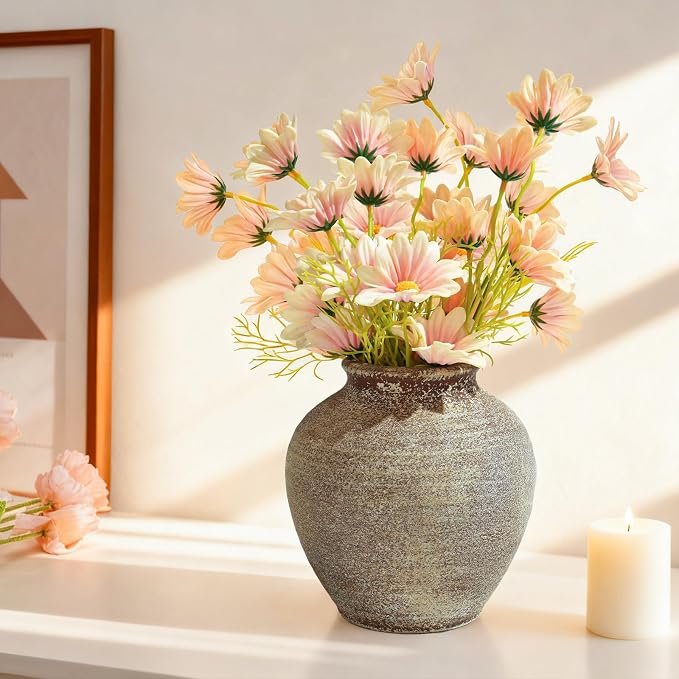 Ceramic Flower Vase Home Decor, 6.2 inch Farmhouse Rustic Vintage Decorative Vases, Pottery Terracotta Boho Flowers Vases for Dining Table, Living Room, Shelf, Kitchen, Bedroom (6.2"-Terracotta)