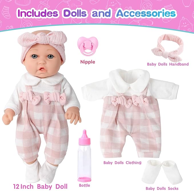12'' Baby Doll and Clothes Accessories Playset with Feeding Bottle Pacifier First Baby Dolls for Toddlers 36 Months and Up