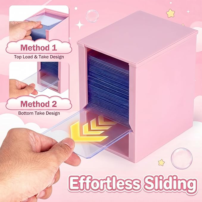 Toploader Dispenser & Penny Sleeve Holder - Dual Compartment Holds 250 Penny Sleeves & up to 50 Top Loaders, Stackable Card Storage Box with Dustproof Lid (Pink)