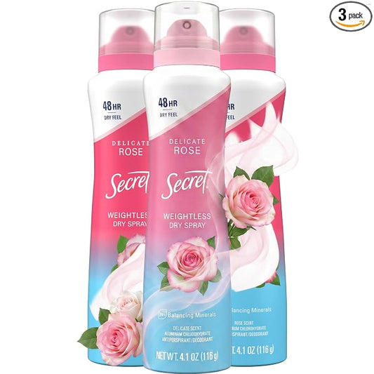 Secret Dry Spray Antiperspirant Deodorant for Women, 48hr Weightless Sweat & Odor Protection, Gentle on Skin, Delicate Rose Scent, 4.1 oz (Pack of 3)