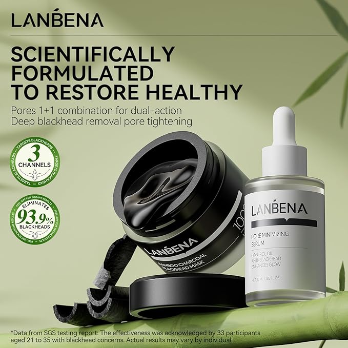 LANBENA 3 in 1 Blackhead Mask Kit-Bamboo Charcoal Pore Strips (30g), Pore Minimizing Serum (30ml) & Removal Paper - Mask for Face